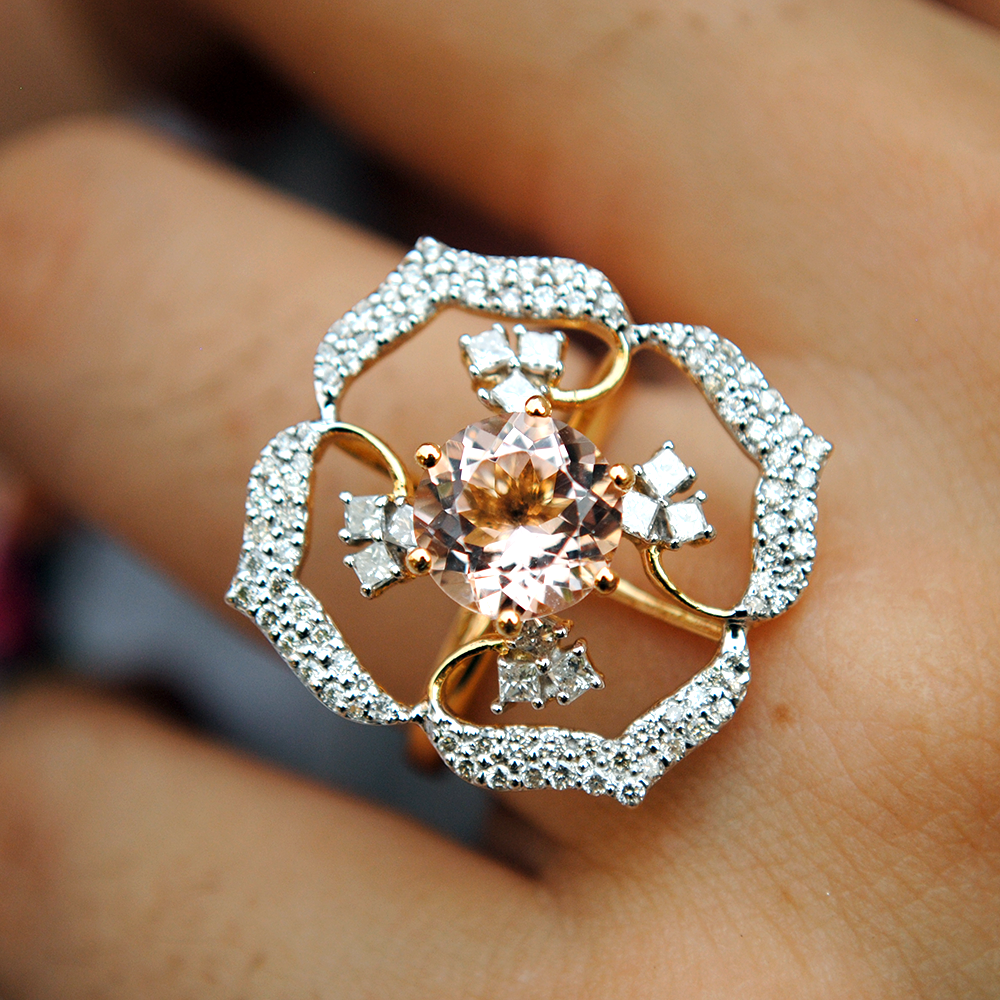 Pink Morganite with Flower Diamond Halo