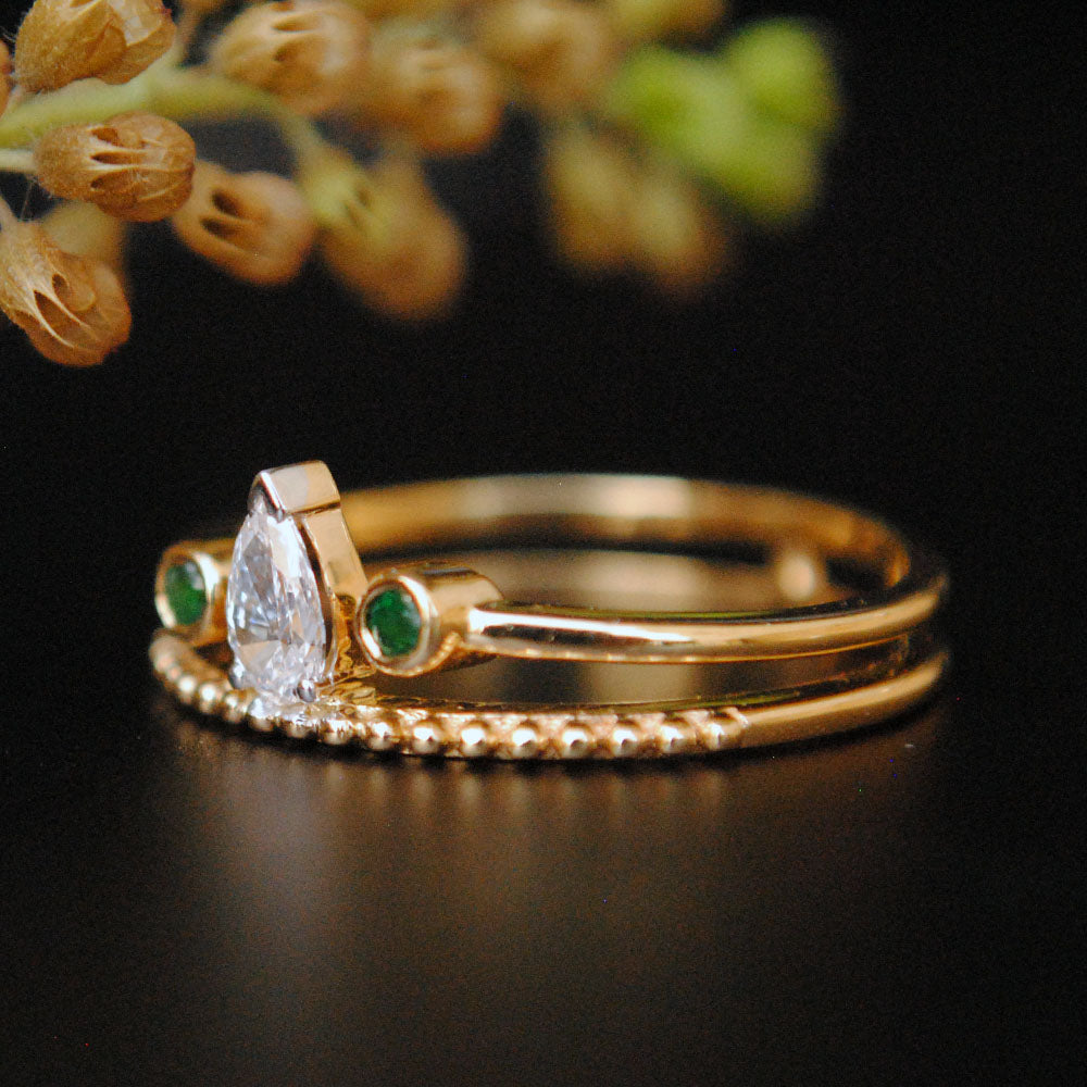 Pear Diamond and Emerald Bridal Engagement Set