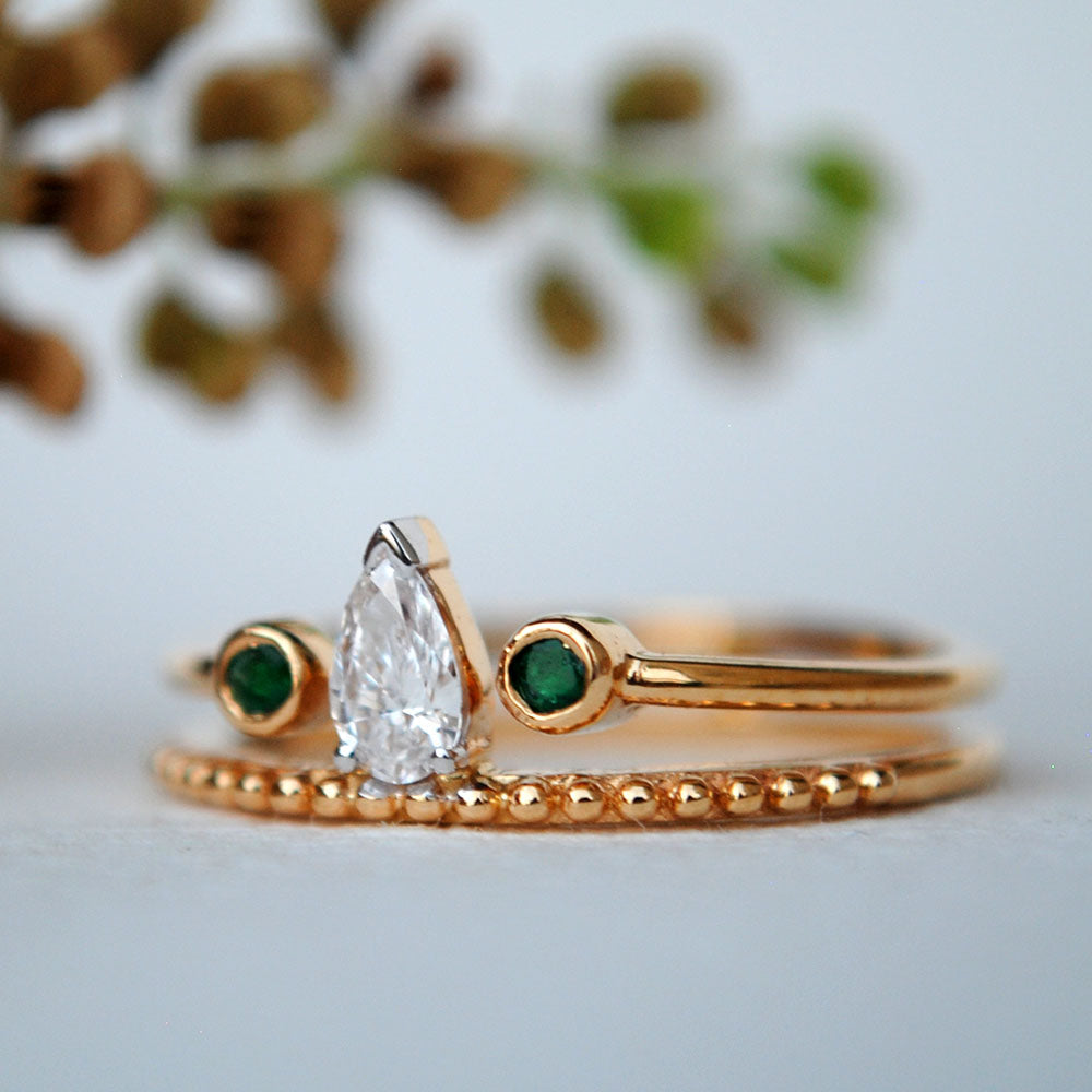 Pear Diamond and Emerald Bridal Engagement Set