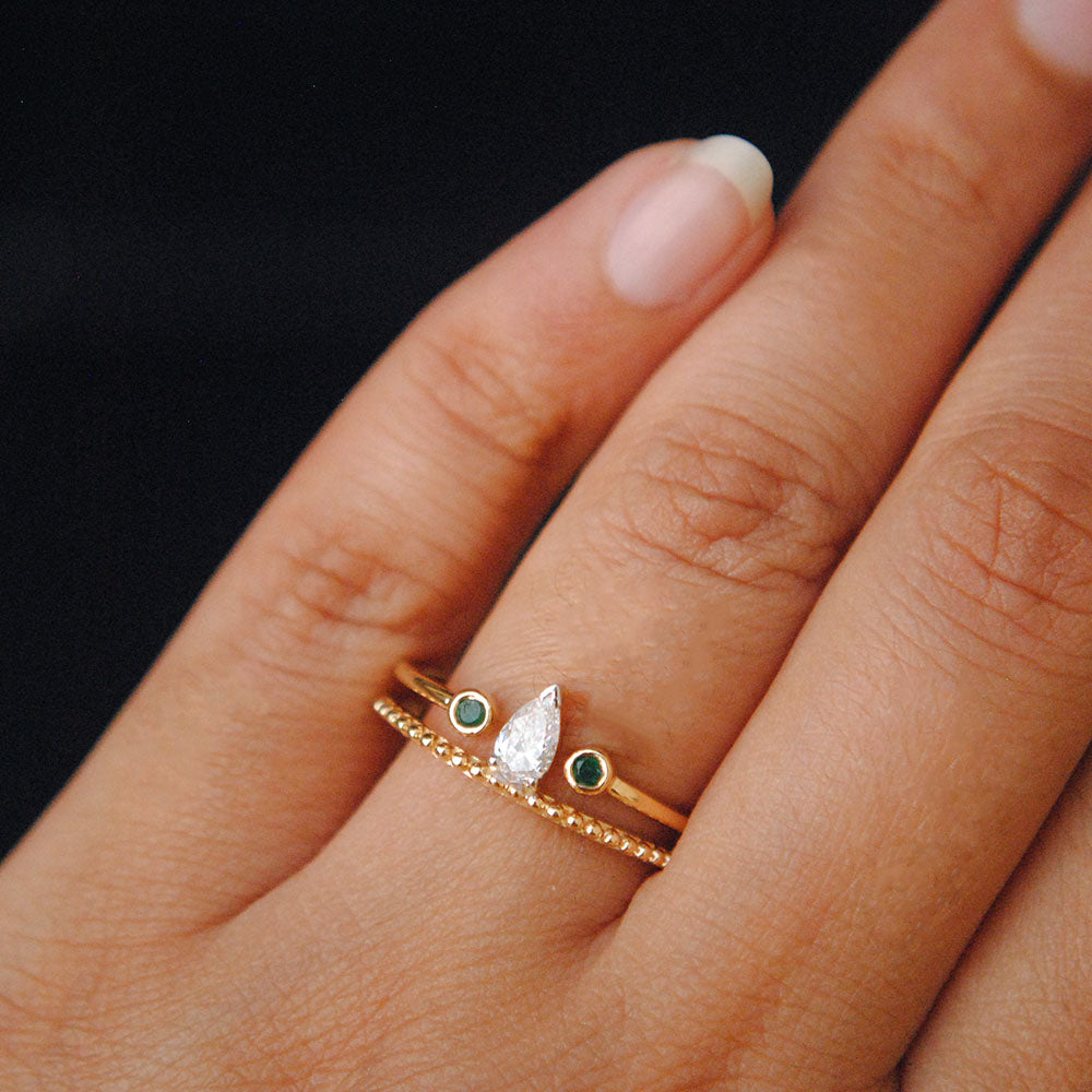Pear Diamond and Emerald Bridal Engagement Set