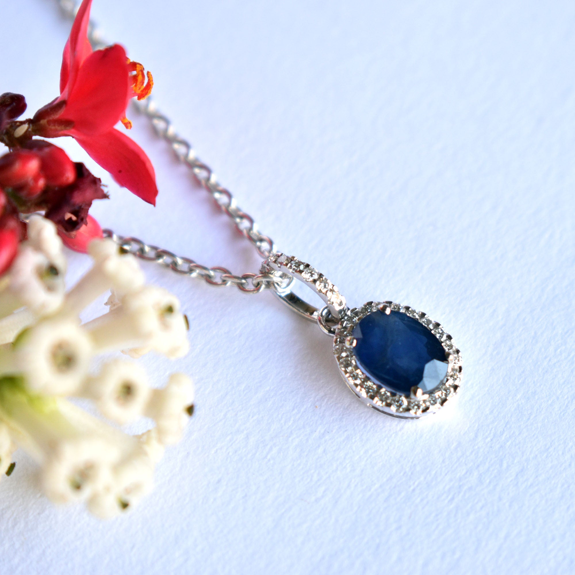 Oval Blue Sapphire Diamond Halo Pendant Necklace in 14K White Gold with Dainty Chain