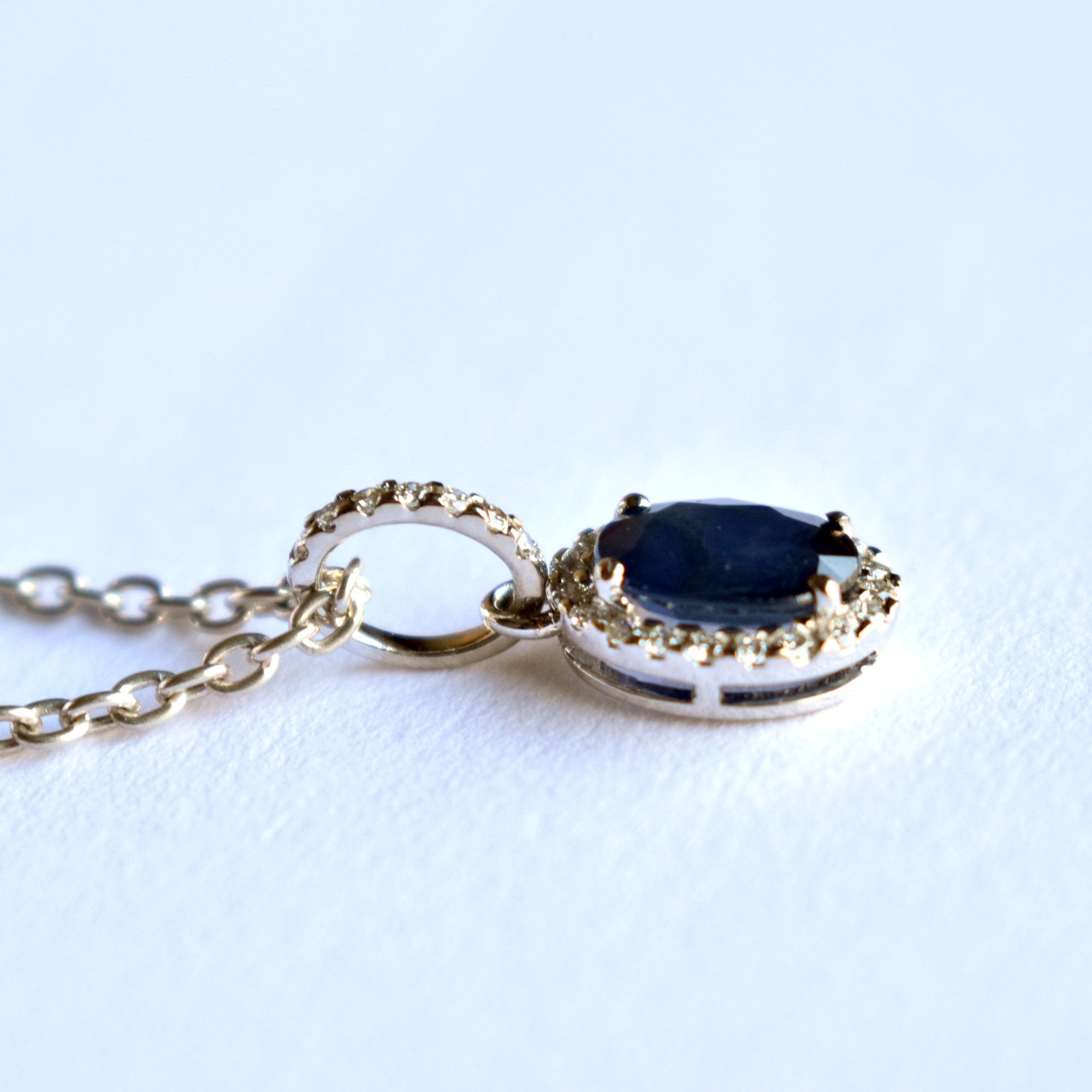 Oval Blue Sapphire Diamond Halo Pendant Necklace in 14K White Gold with Dainty Chain