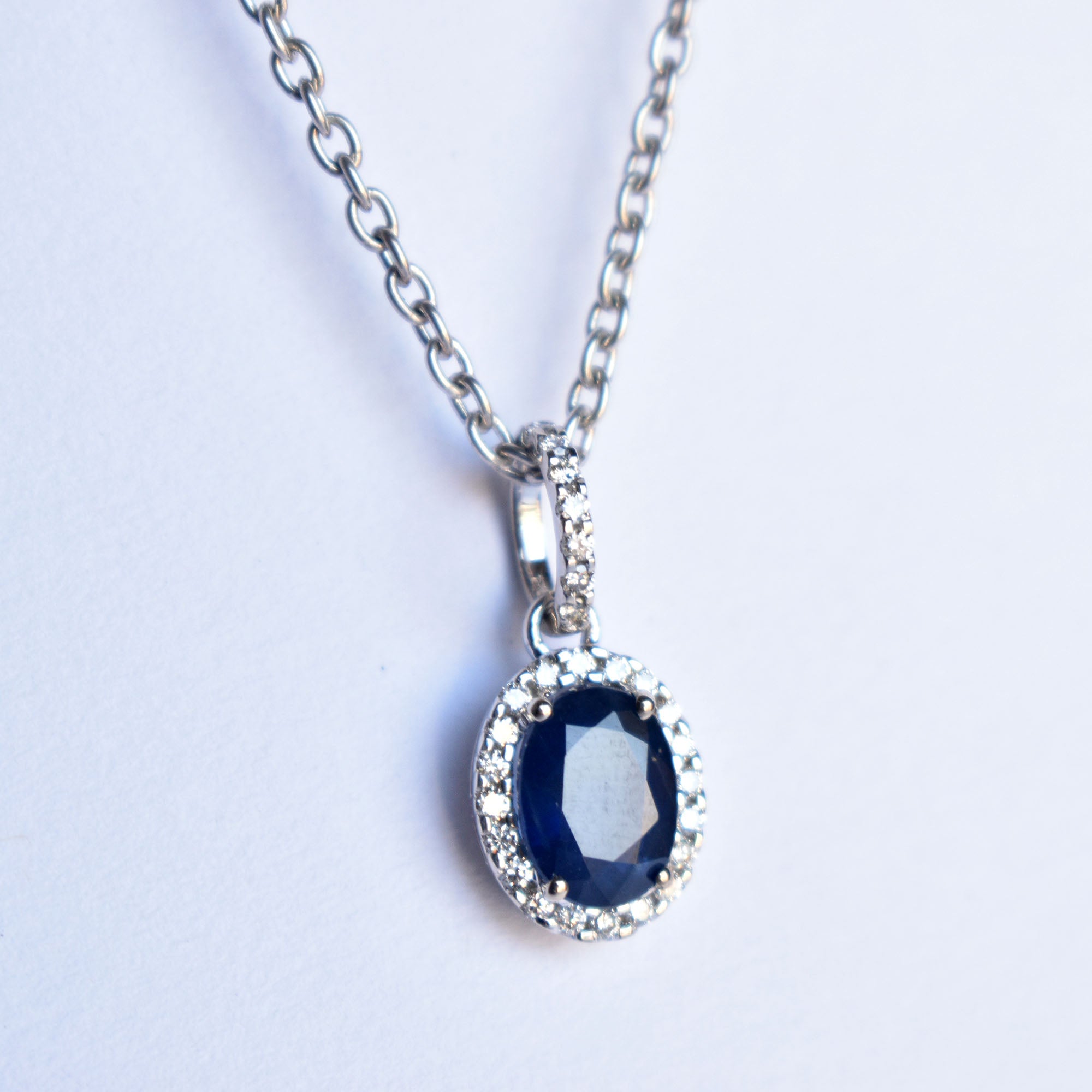 Oval Blue Sapphire Diamond Halo Pendant Necklace in 14K White Gold with Dainty Chain