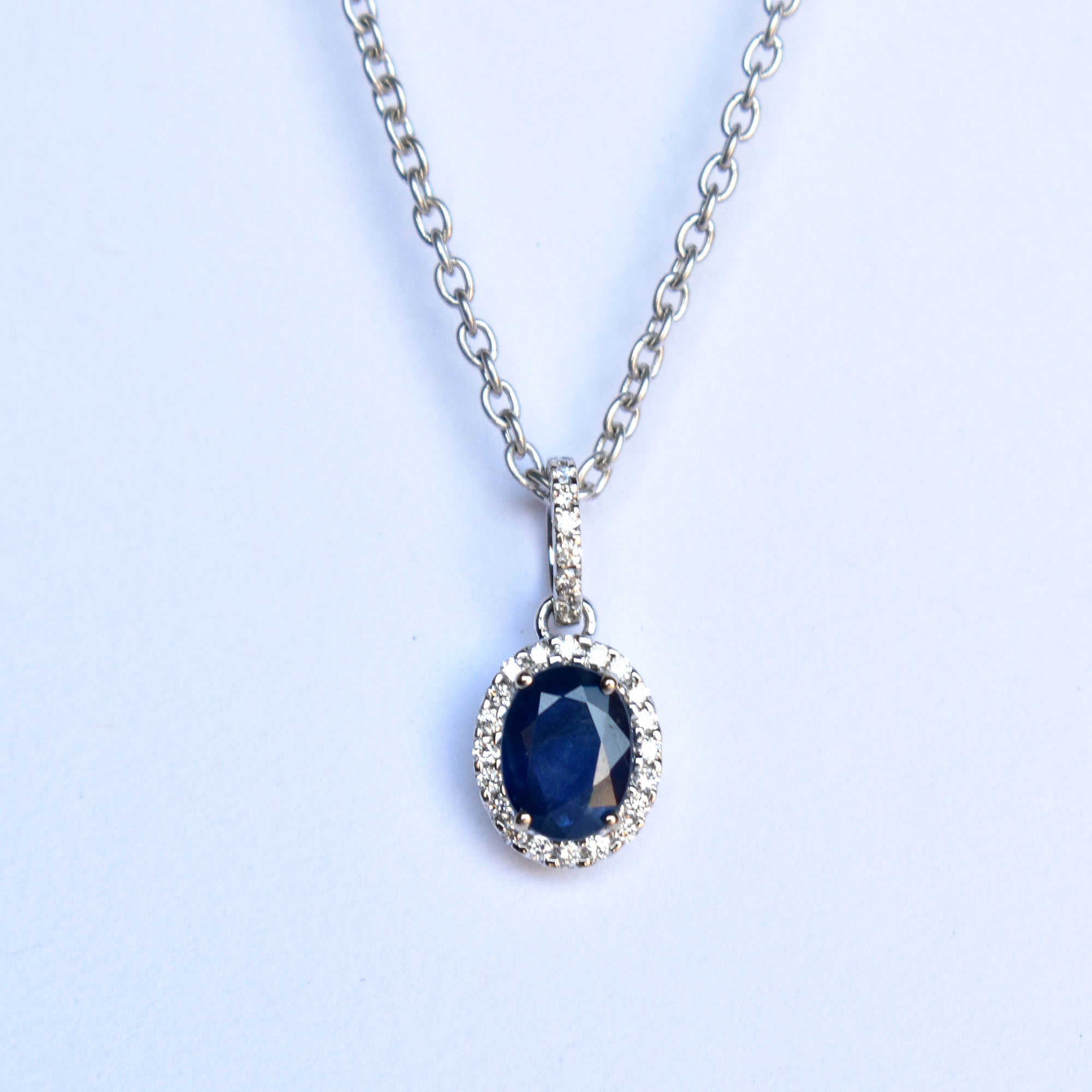Oval Blue Sapphire Diamond Halo Pendant Necklace in 14K White Gold with Dainty Chain