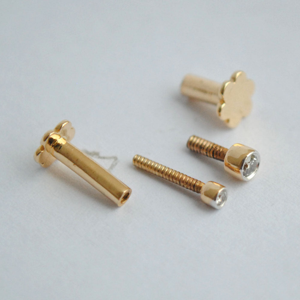14k Bezel Diamond Solitaire Studs, 16g External Threaded Flatback
