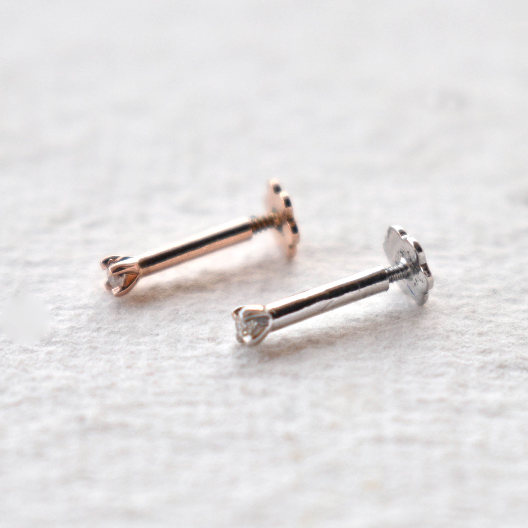 16g Internally Threaded Flatback Diamond Stud, 14k Gold