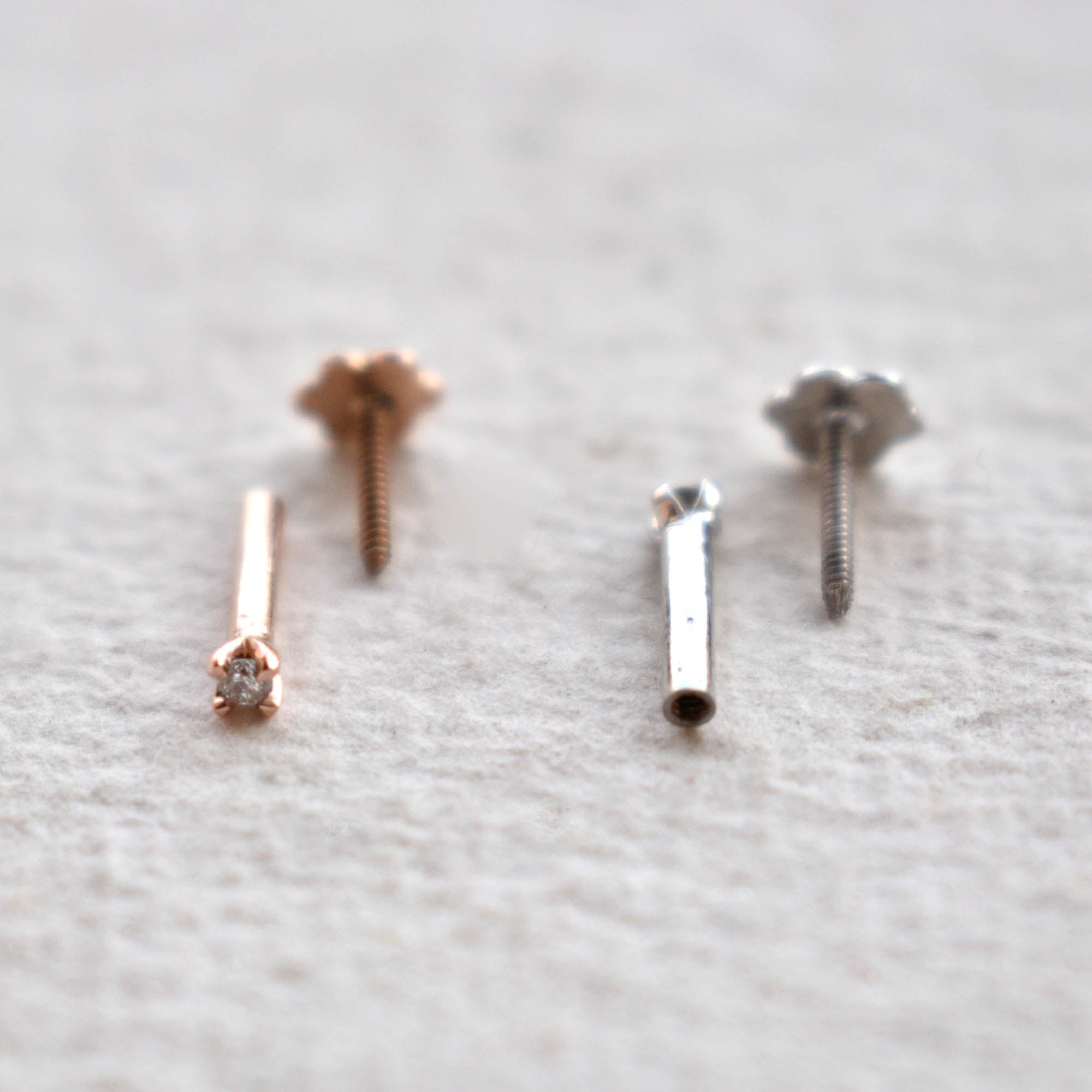 16g Internally Threaded Flatback Diamond Stud, 14k Gold