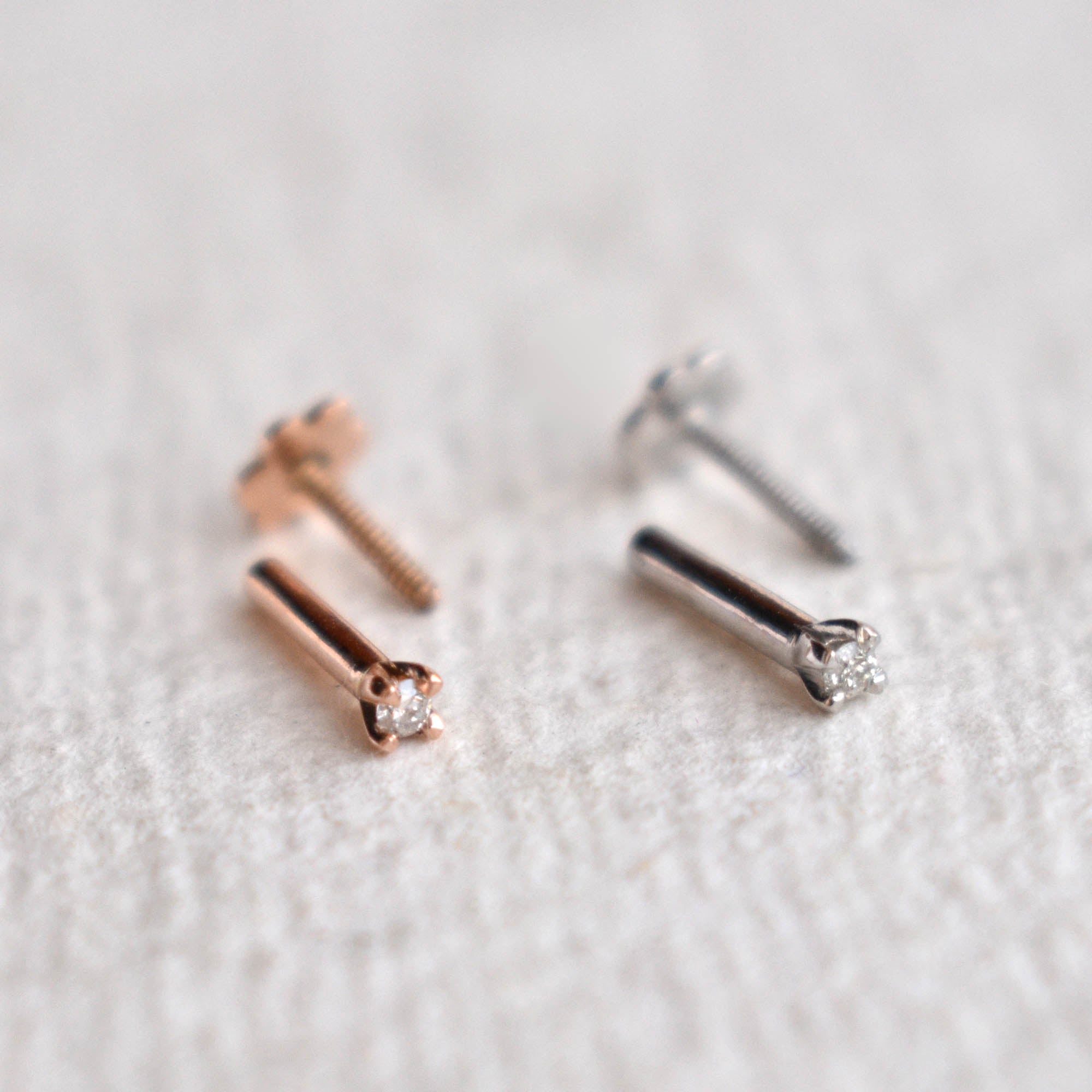 16g Internally Threaded Flatback Diamond Stud, 14k Gold