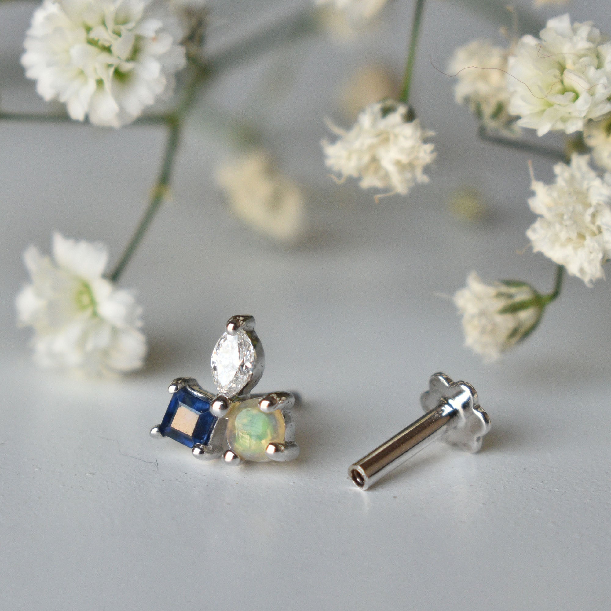 Multistone Asymmetric Trinity Stud, Diamond Sapphire Opal