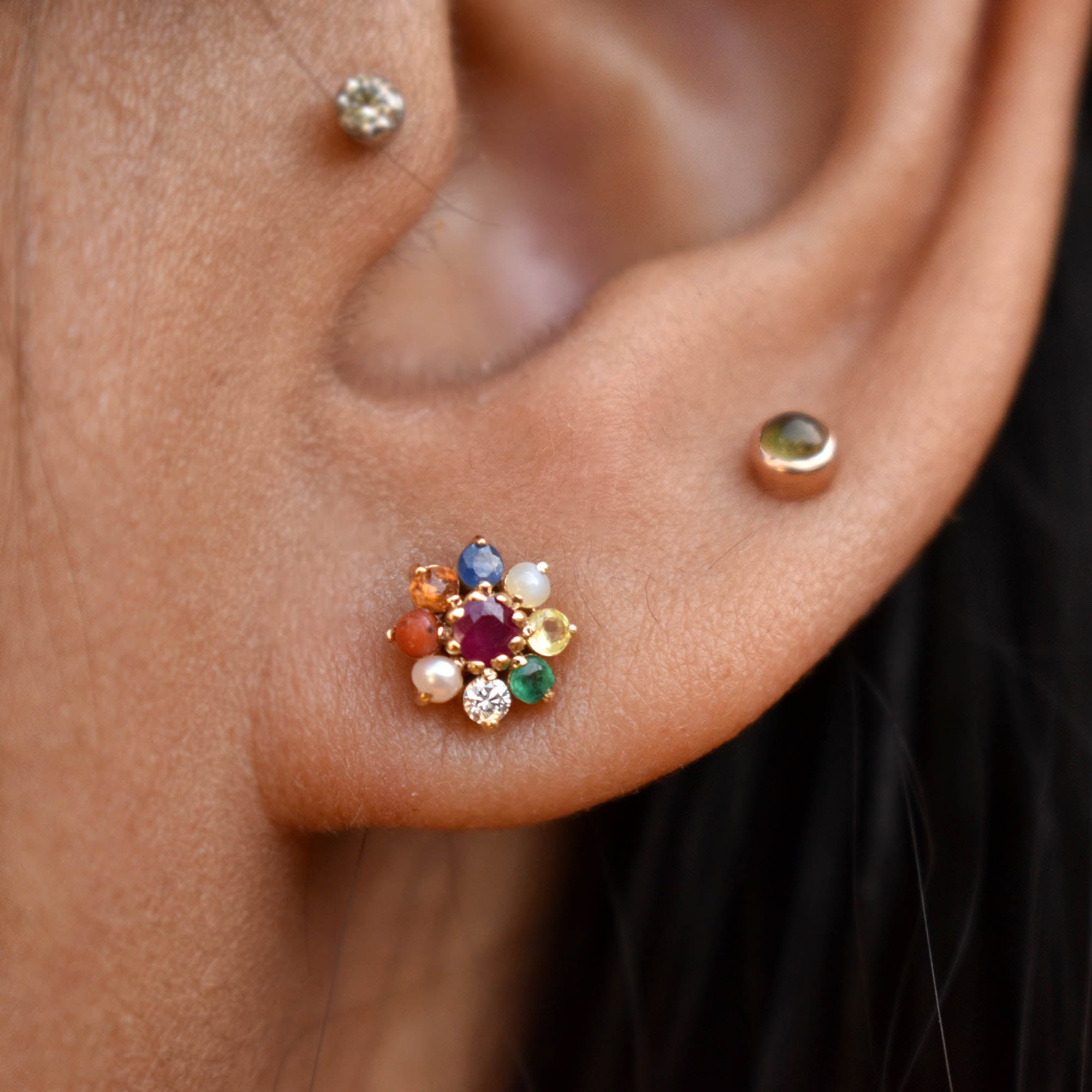 7mm Navratna Flower Nose Ear Stud