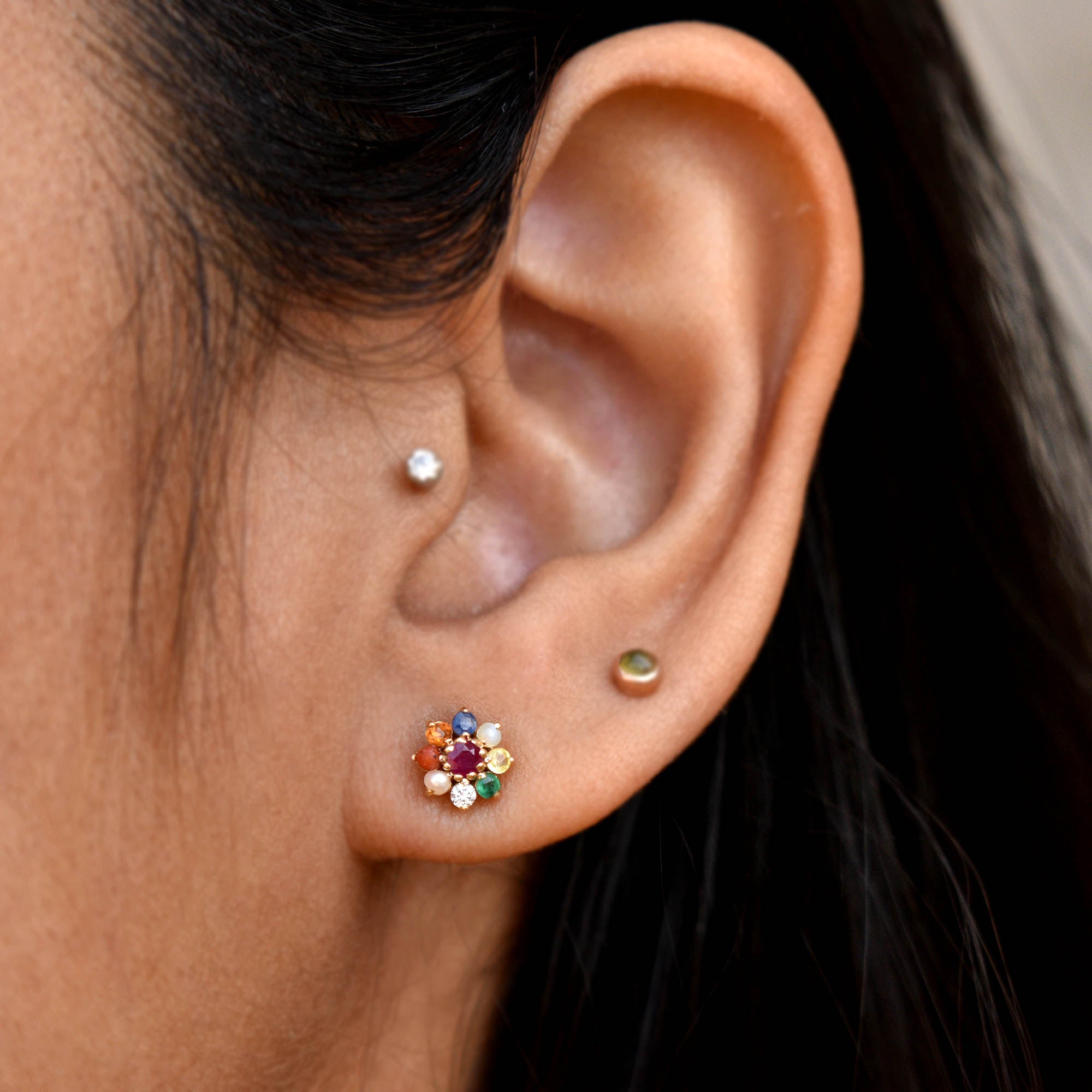 7mm Navratna Flower Nose Ear Stud