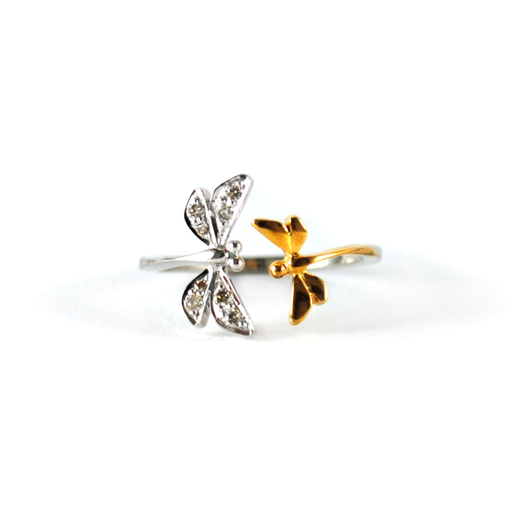 Dragonfly Open Ring In Gold and Diamond Damselfly Insect Jewelry