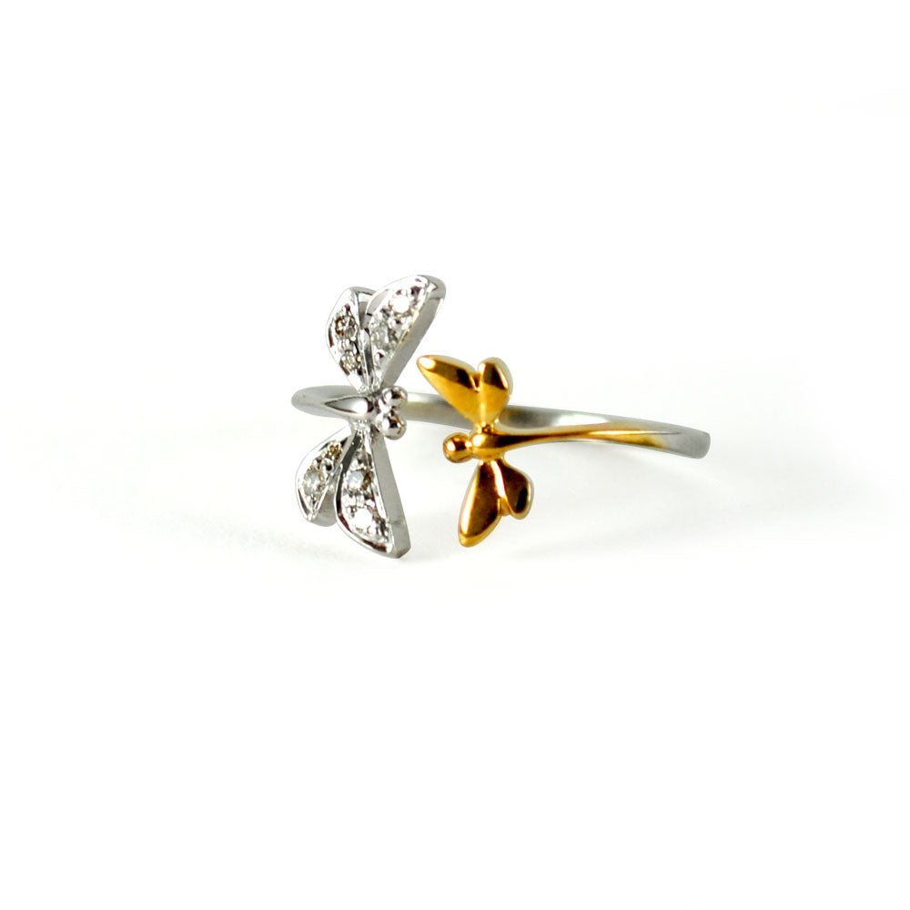 Dragonfly Open Ring In Gold and Diamond Damselfly Insect Jewelry