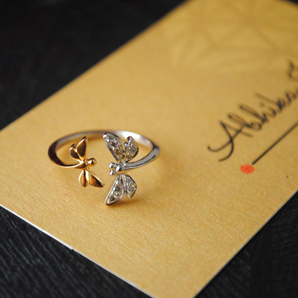 Dragonfly Open Ring In Gold and Diamond Damselfly Insect Jewelry