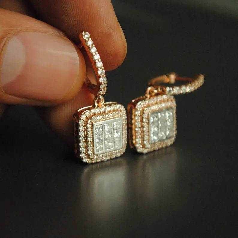 Two Tone Deco Diamond Huggie & Drop Earrings