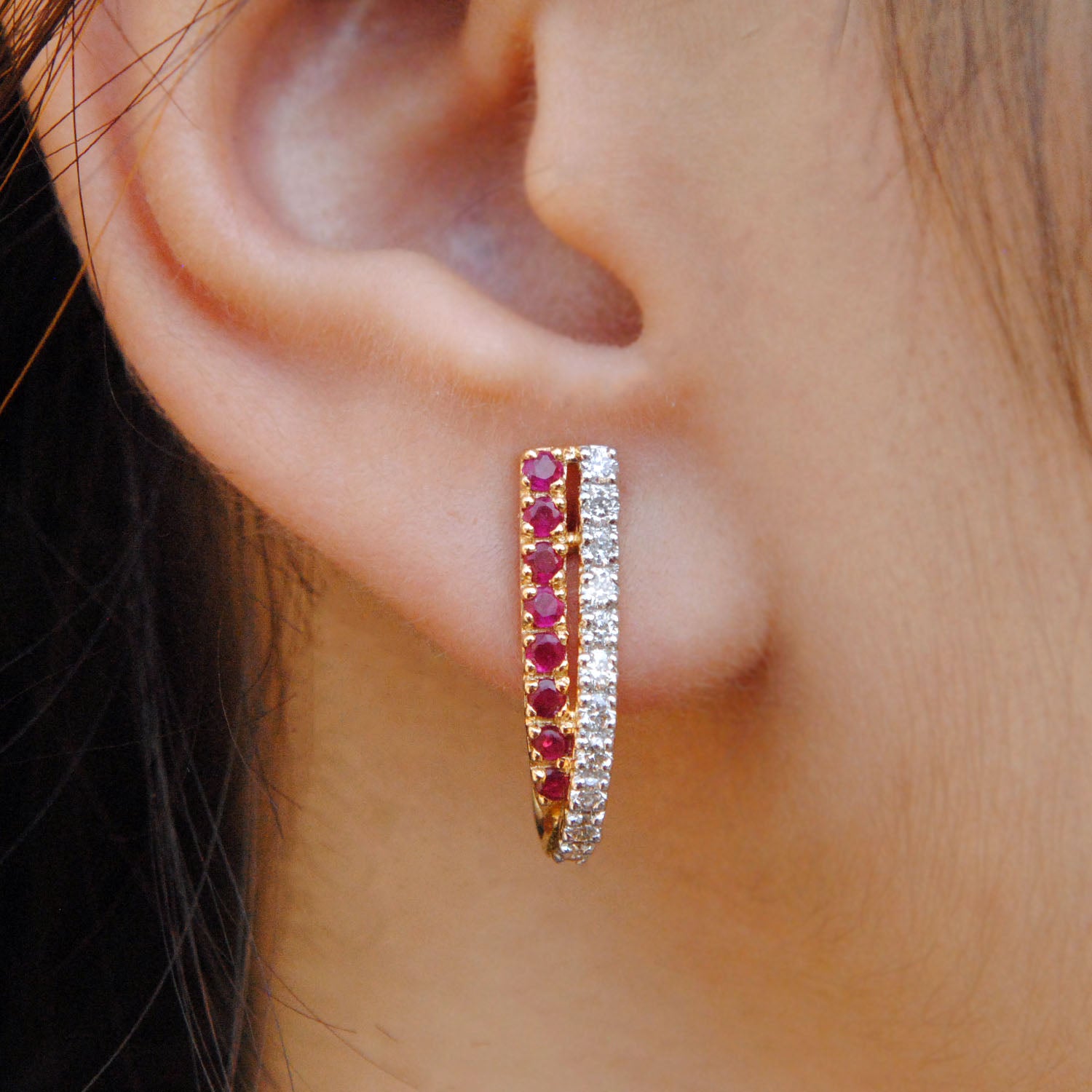 Natural Ruby & Diamond Tapering Huggie Earrings