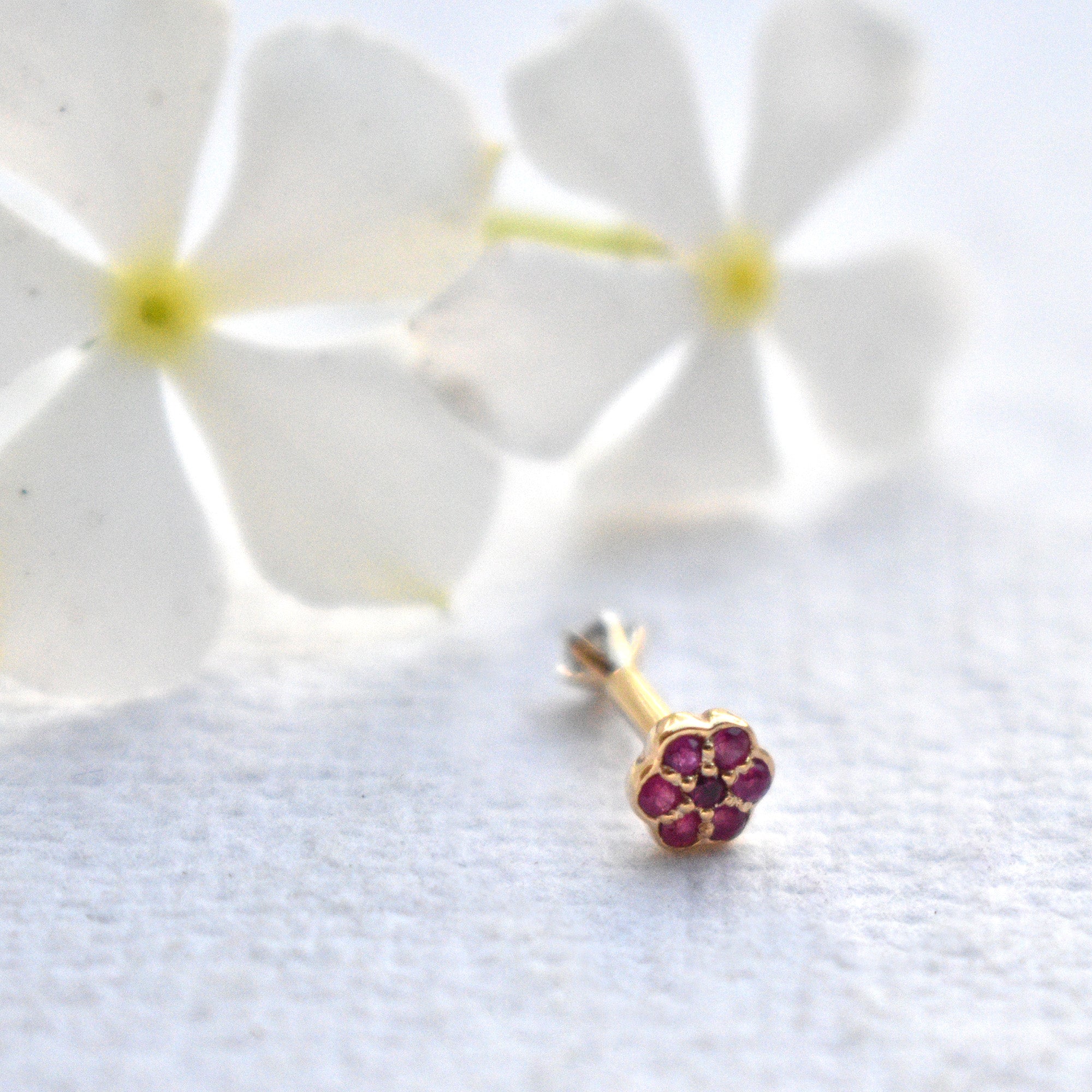 14k Double Sided Diamond & Ruby Flower Stud