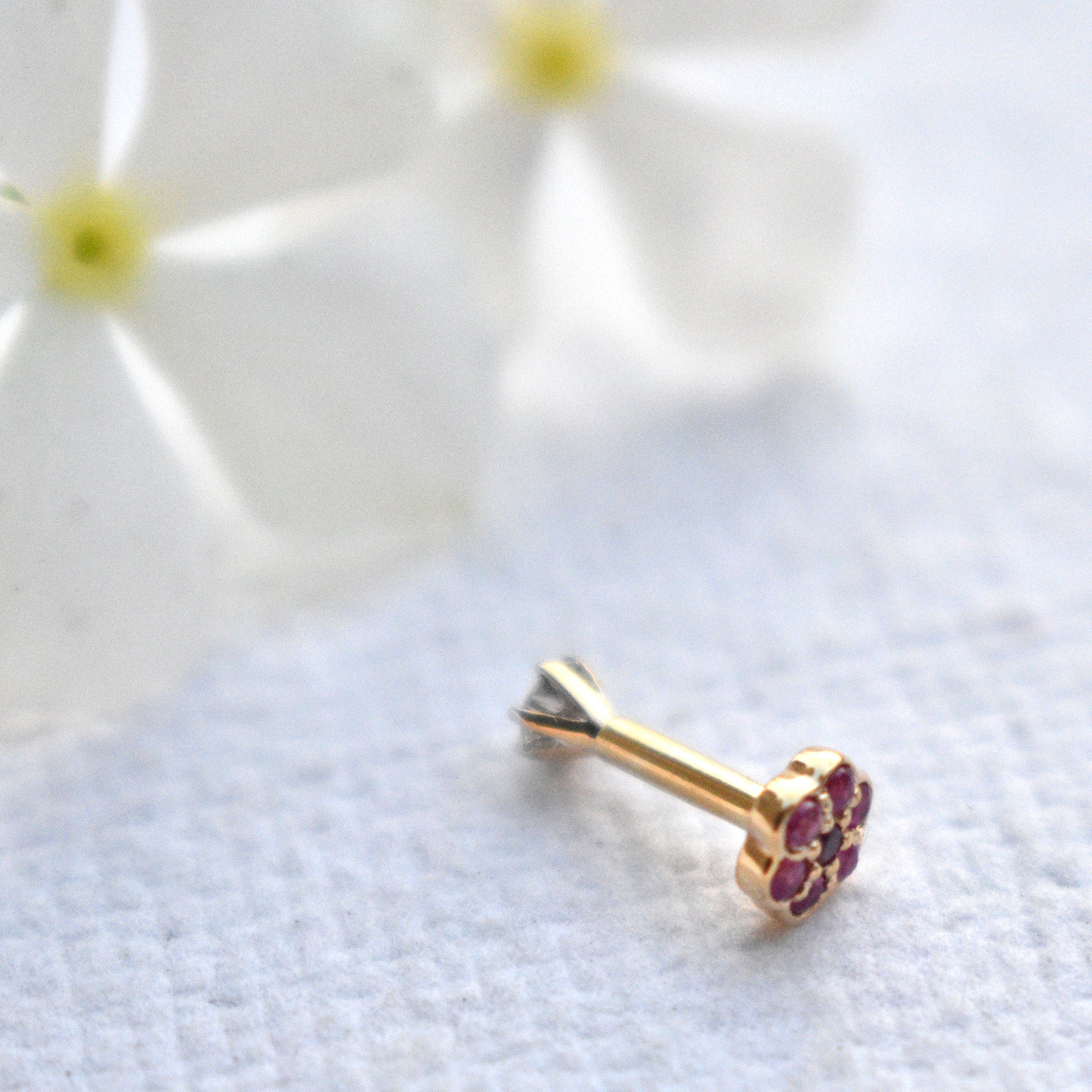 14k Double Sided Diamond & Ruby Flower Stud