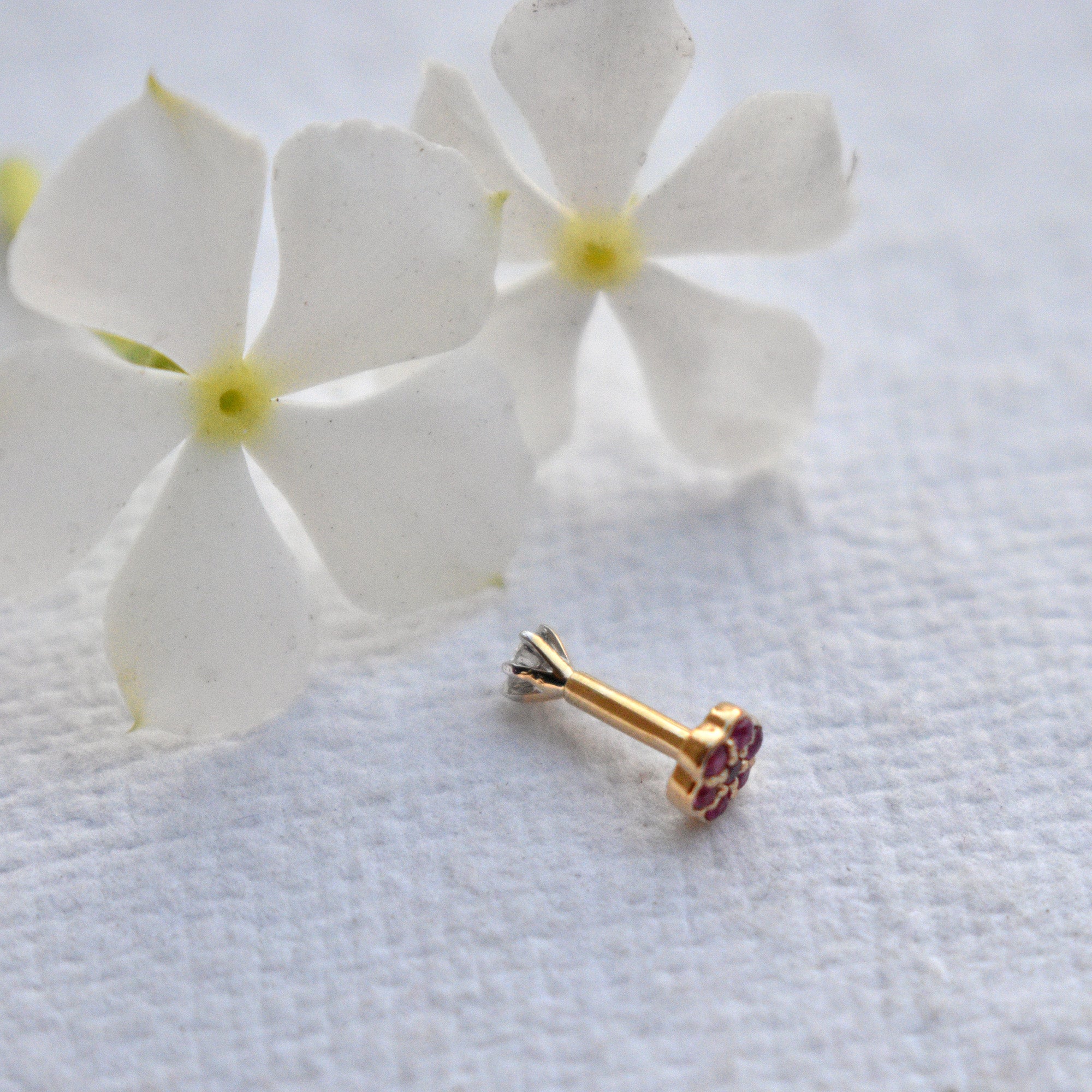 14k Double Sided Diamond & Ruby Flower Stud