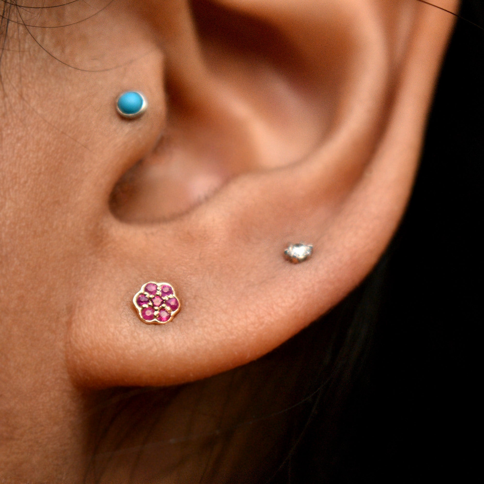 14k Double Sided Diamond & Ruby Flower Stud