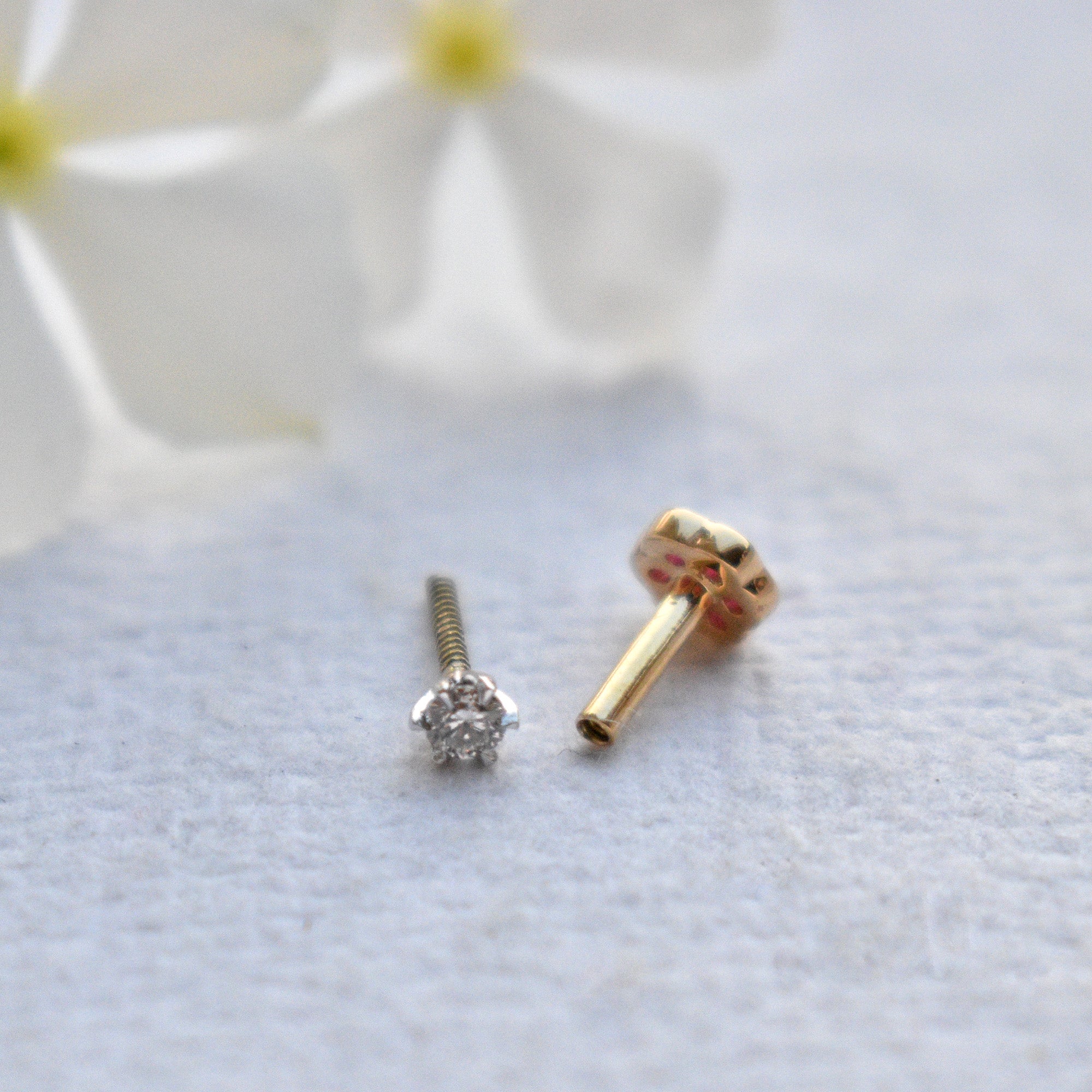 14k Double Sided Diamond & Ruby Flower Stud