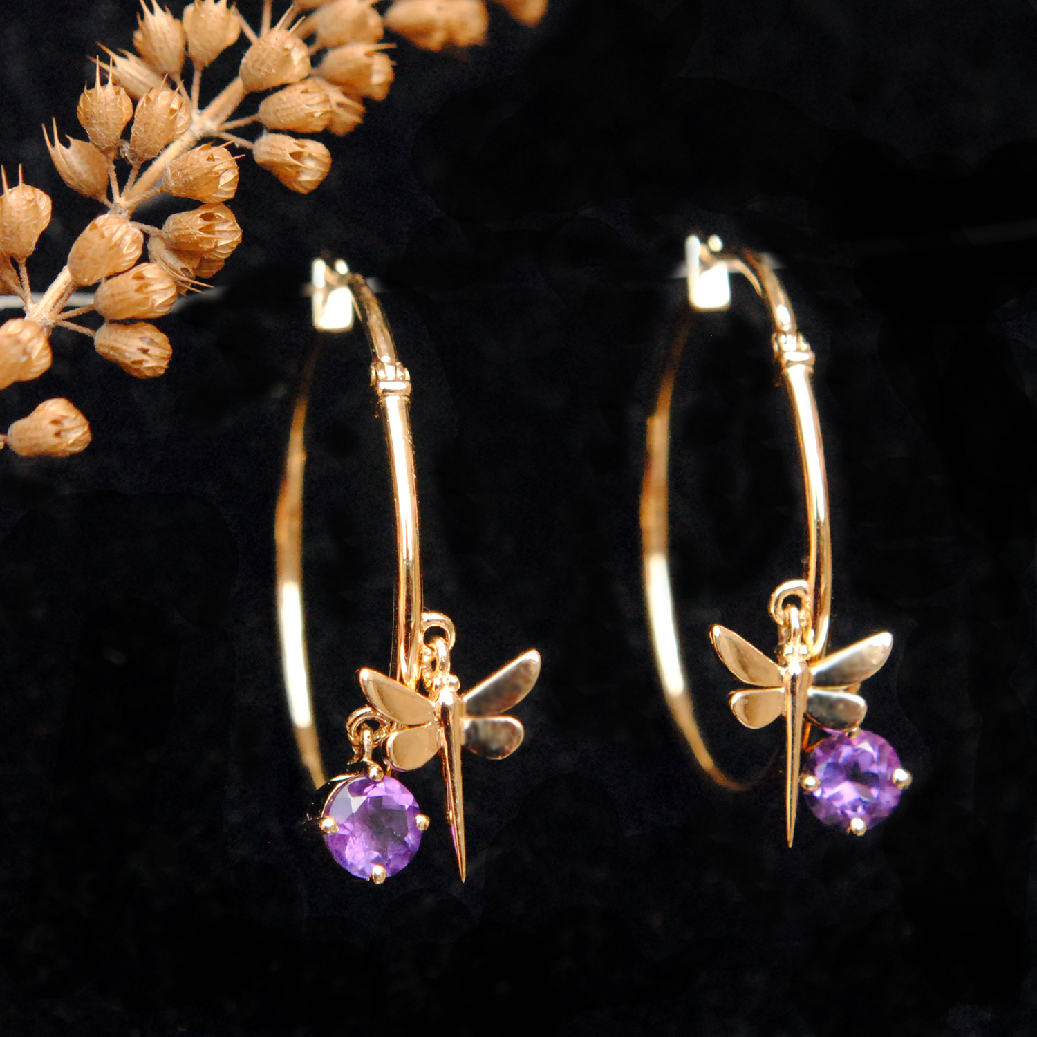 Dragonfly Amethyst 14k Gold Hoop Earrings-Abhika Jewels