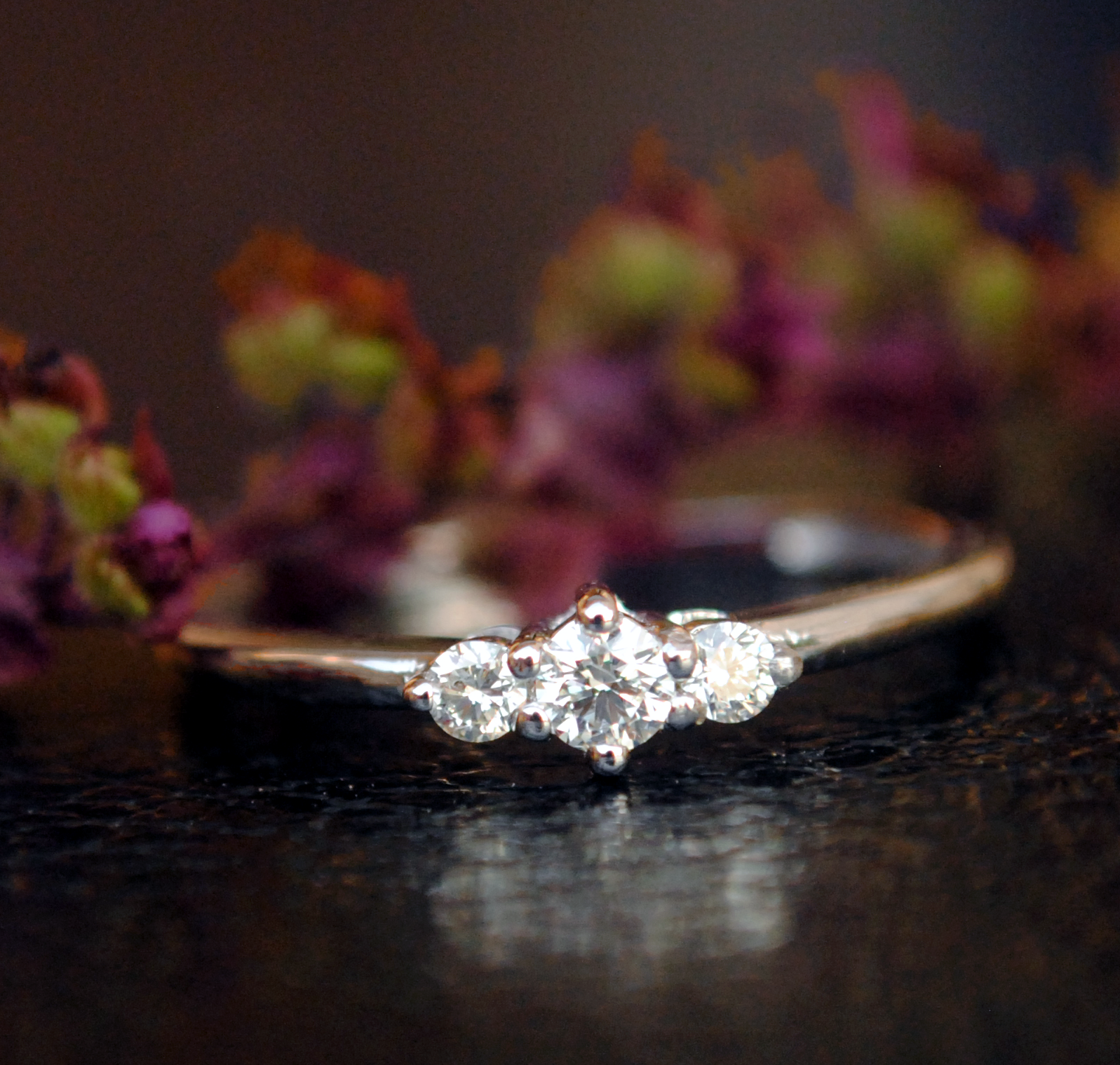 Three Round Brilliant Diamond Prong Setting Engagement Ring