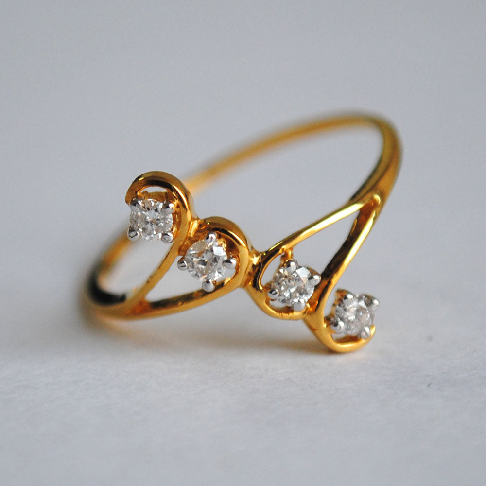 Four Diamond Line Ring in 14K Yellow gold, Diamond Line Right Hand Diamond Ring