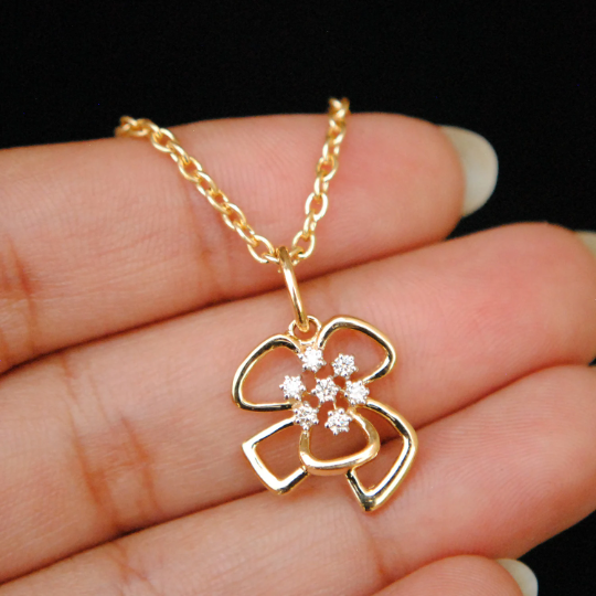 Natural Diamond Cluster Flower Pendant Necklace in 14k Solid Gold, 1mm Dainty Cable Chain Necklace
