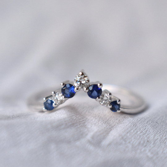 Natural Blue Sapphire and Diamond Chevron Wedding Stack Ring, 14K Solid Gold September Birthstone Promise Ring