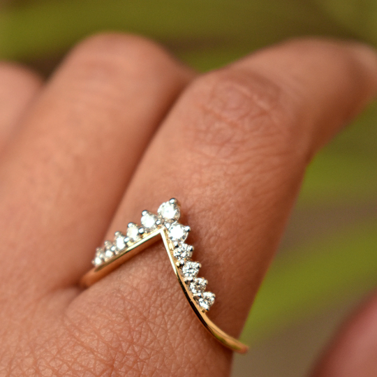 11 Diamond Deep V Chevron Stack Ring in 14K Solid Gold