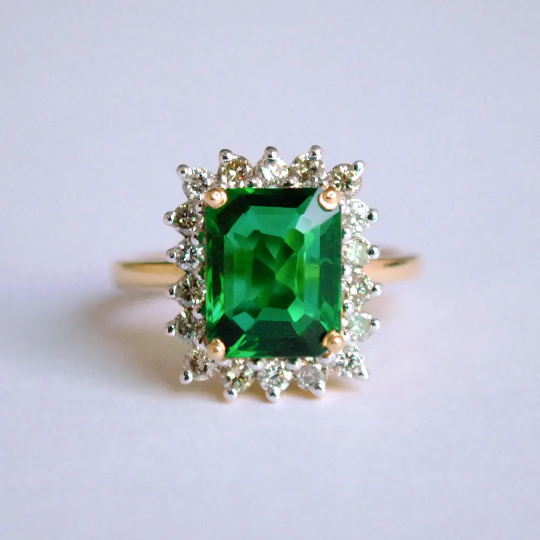 Green Emerald Simulant Diamond Halo Engagement Ring