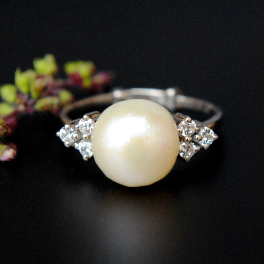 Big Pearl and Diamond Engagement Ring in Sterling Silver