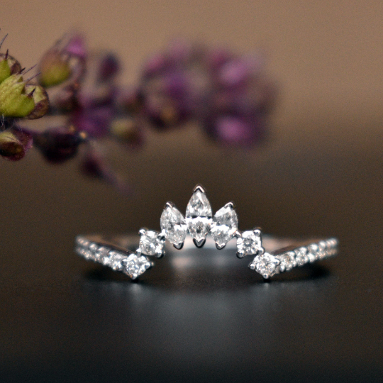 Gold Crown Curved Band with Marquise and Round Diamond, Stacking Contour Ring, Bridal Tiara Ring