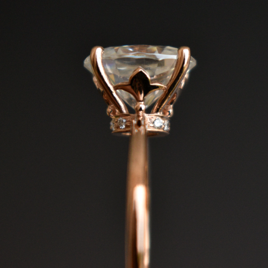 Oval Moissanite Engagement Ring with Fleur De Lis Head with Hidden Natural Diamond UnderHalo