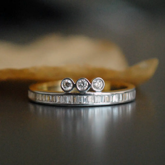 Straight Half Eternity Baguette Diamond Band with 3 Bezel Set Round Diamond Tiara Wrap