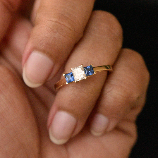 Princess Diamond Three Stone Ring with Blue Sapphire