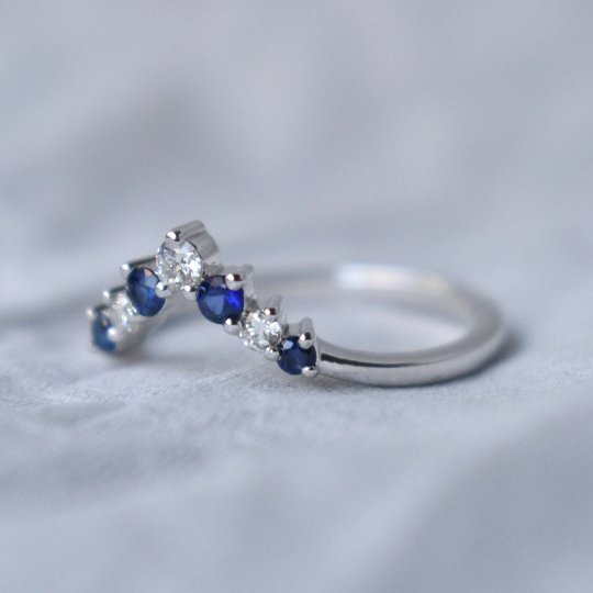 Natural Blue Sapphire and Diamond Chevron Wedding Stack Ring, 14K Solid Gold September Birthstone Promise Ring