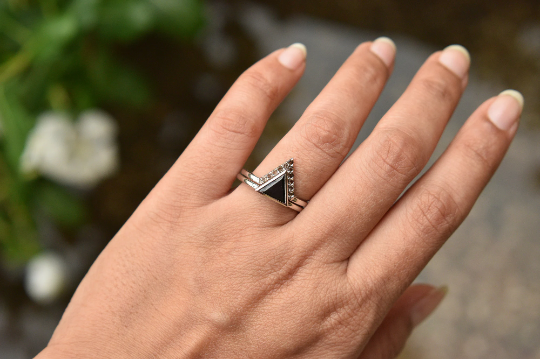 Triangle Black Spinel and Smoky Quartz Wedding Ring Set