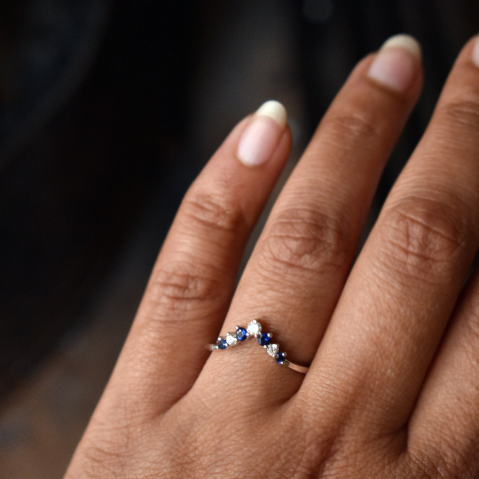 Natural Blue Sapphire and Diamond Chevron Wedding Stack Ring, 14K Solid Gold September Birthstone Promise Ring