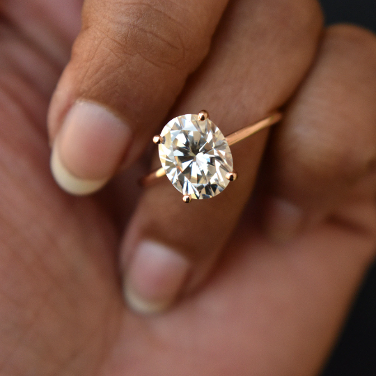Oval Moissanite Engagement Ring with Fleur De Lis Head with Hidden Natural Diamond UnderHalo