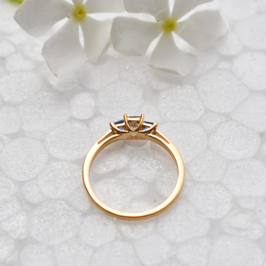 Princess Diamond Three Stone Ring with Blue Sapphire