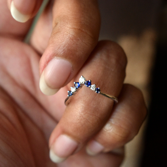 Natural Blue Sapphire and Diamond Chevron Wedding Stack Ring, 14K Solid Gold September Birthstone Promise Ring