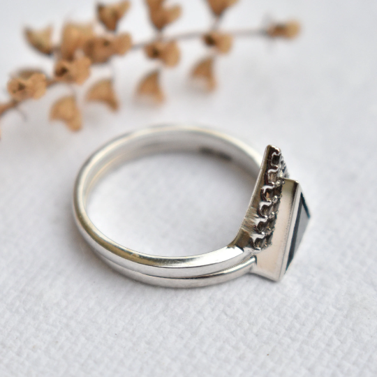 Triangle Black Spinel and Smoky Quartz Wedding Ring Set