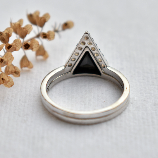 Triangle Black Spinel and Smoky Quartz Wedding Ring Set
