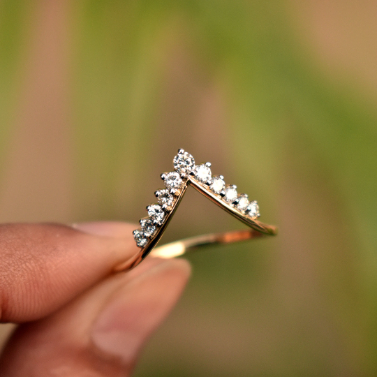 11 Diamond Deep V Chevron Stack Ring in 14K Solid Gold