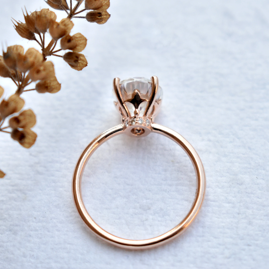 Oval Moissanite Engagement Ring with Fleur De Lis Head with Hidden Natural Diamond UnderHalo