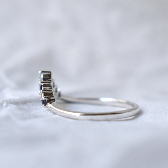 Natural Blue Sapphire and Diamond Chevron Wedding Stack Ring, 14K Solid Gold September Birthstone Promise Ring