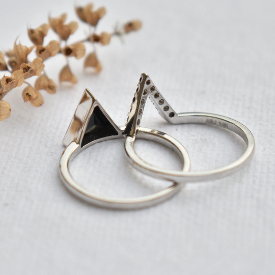 Triangle Black Spinel and Smoky Quartz Wedding Ring Set