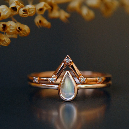 Pear Moonstone and V Pave Set Diamond Wedding Ring Set